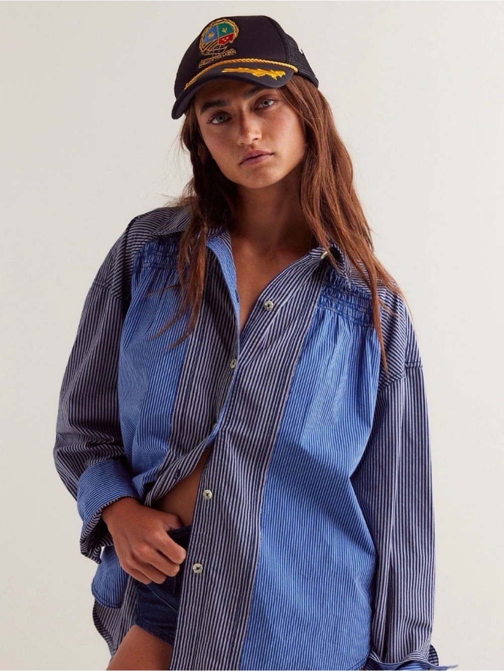 Free People Striped Up Blue Combo Shirt (Retail Price $148, 100% Cotton) Size S